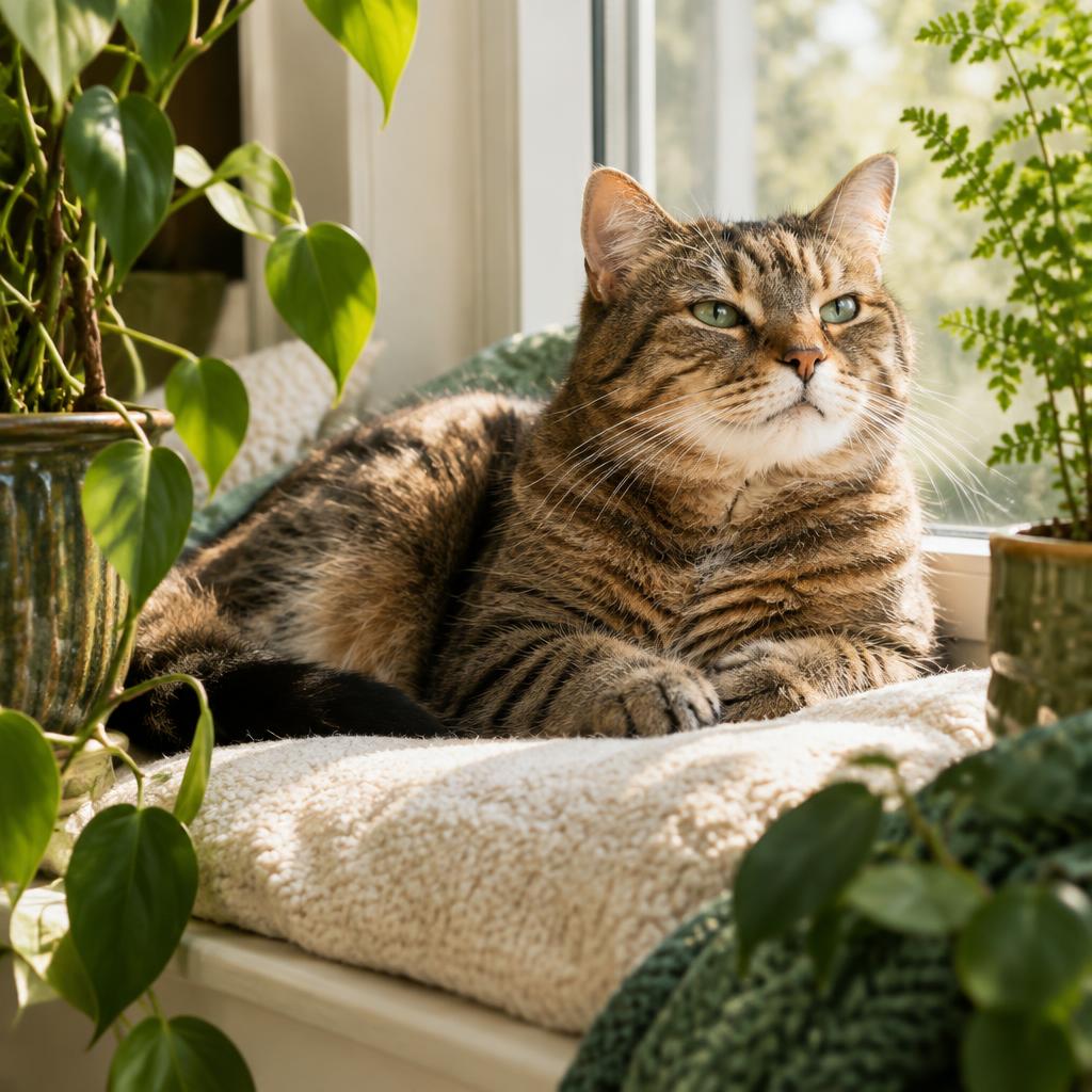 Ältere Katze liegt entspannt auf einer weichen Decke