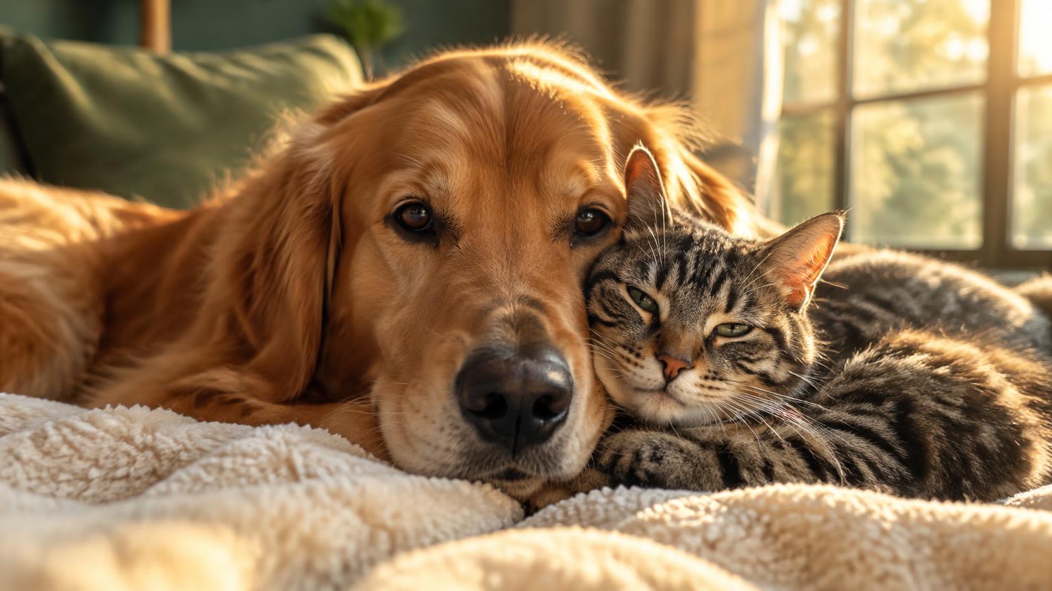Golden Retriever und Katze kuscheln im warmen Sonnenlicht