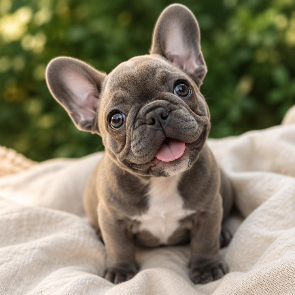 Französische Bulldogge auf einer Creme-Decke