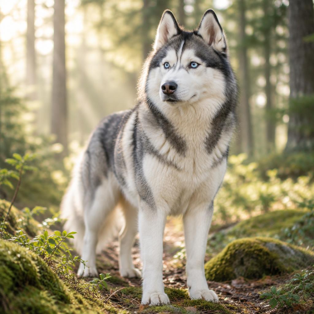 Husky steht in einem Wald
