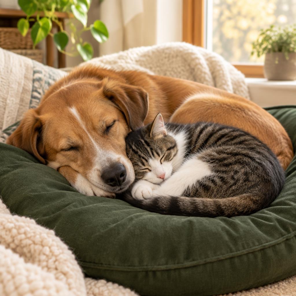 Hund und Katze schlafen zusammen auf grünem Kissen