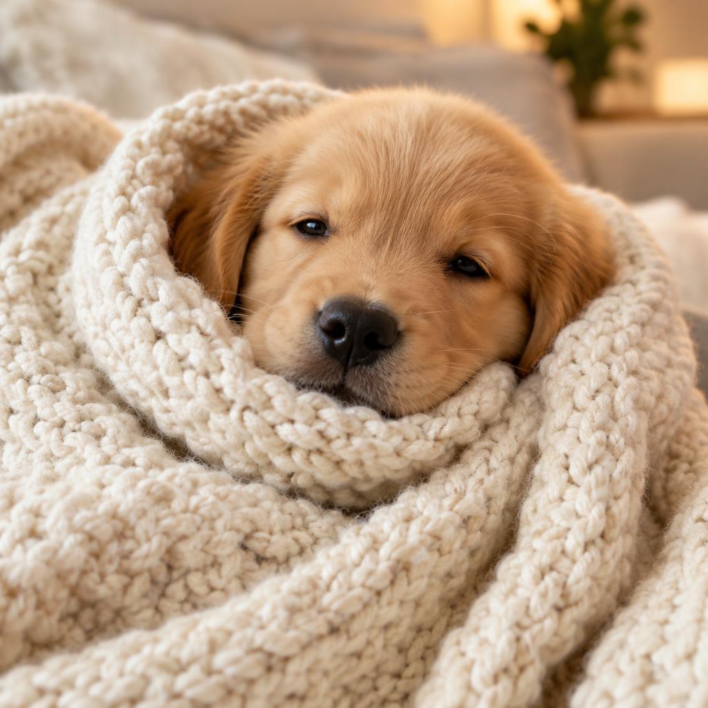 Golden-Retriever-Welpe in einer Strickdecke