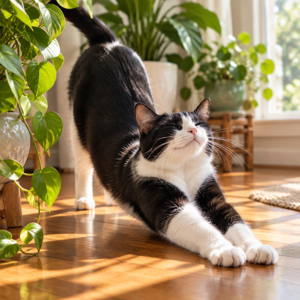 Schwarz-weiße Katze streckt sich im Sonnenlicht