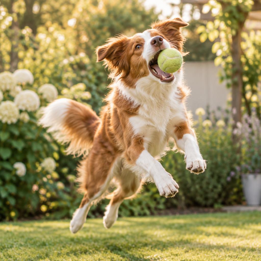 Hund fängt einen Tennisball in der Luft